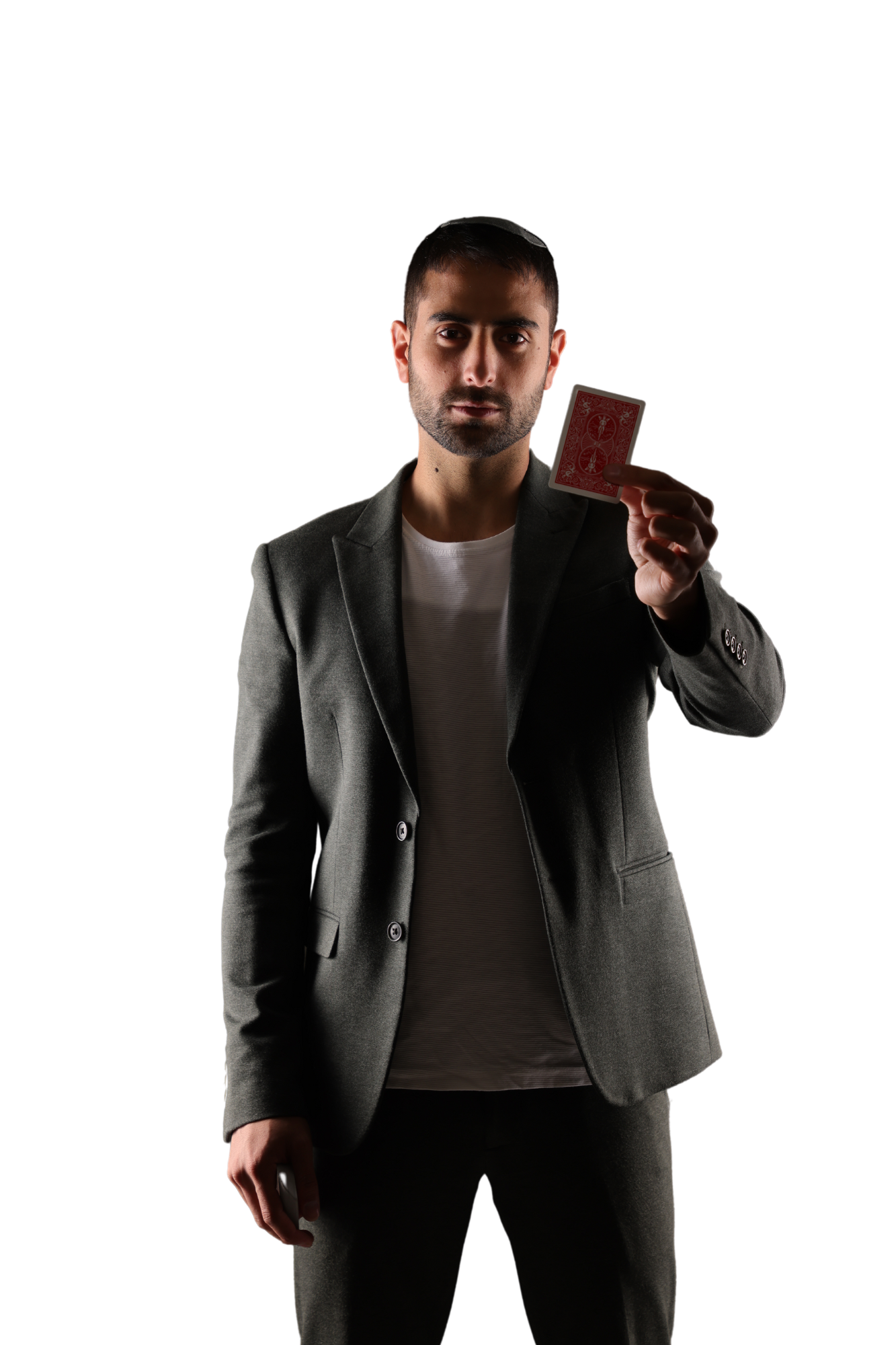 Ariel Noy holding up a single playing card